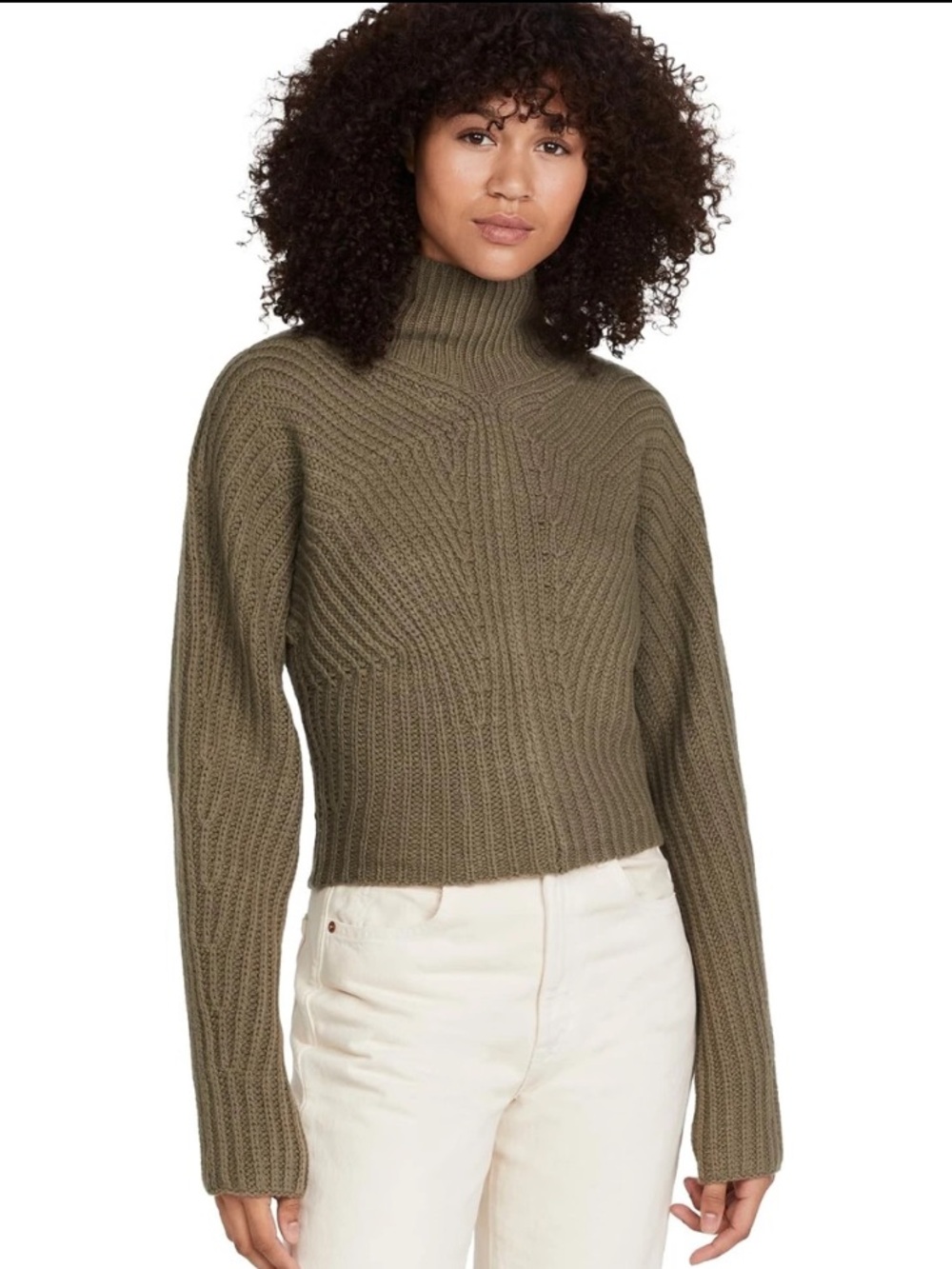 Theory Sculpted Wool Cashmere Sweater Olive Green Mock Neck Ribbed Sz L 